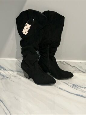 Women's Black Over-the-Knee Slouch Boot with Block Heel